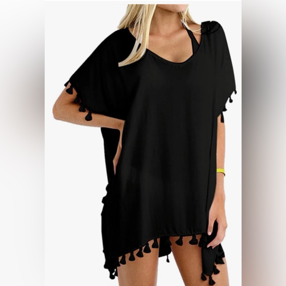 Black Tassel Sleeve Tunic Top/Coverup-S-M-GDKEY